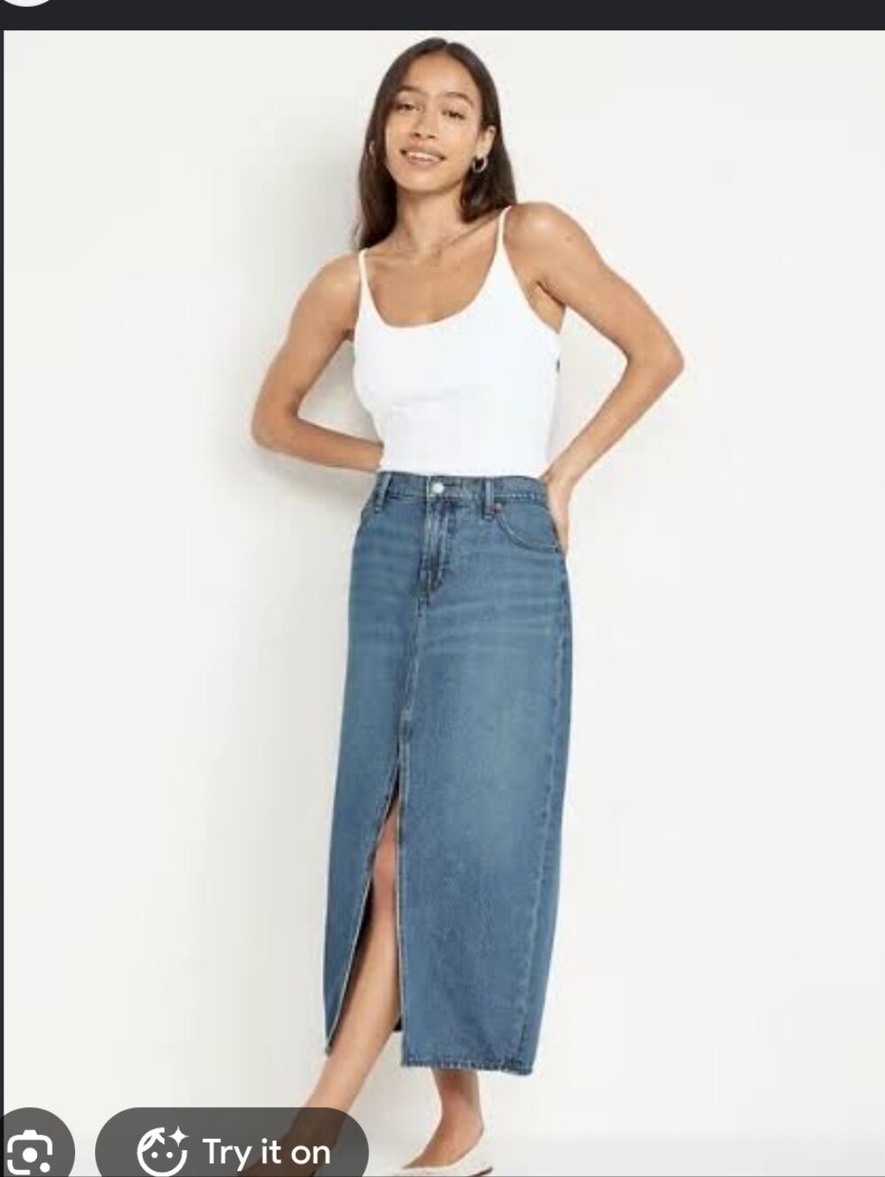 Old Navy Blue Straight-Leg Denim Midi Skirt with Front Slit